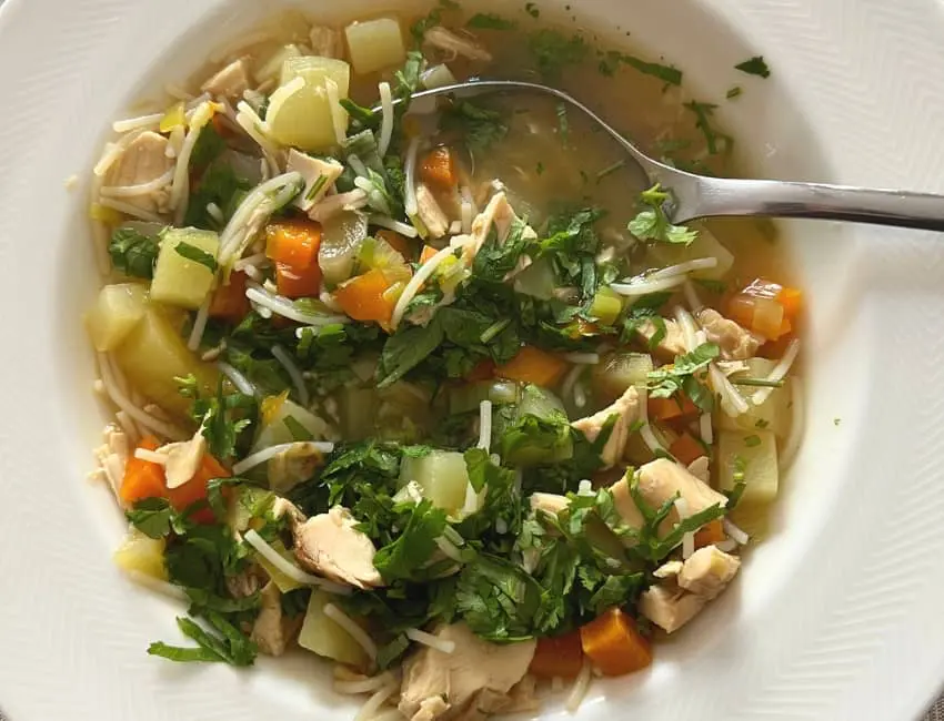 Sopa de pollo casera con cilantro y limón